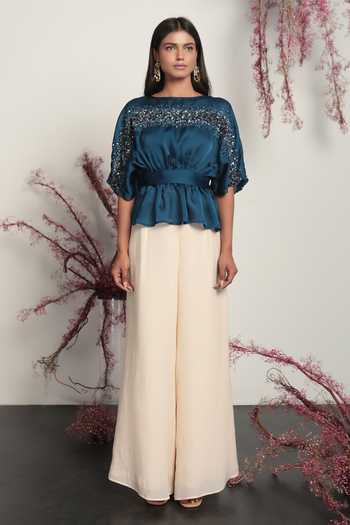 Nayantara Couture_Blue Viscose Satin Organza Embroidered Bead Round Fanny Top_Online_at_Aza_Fashions