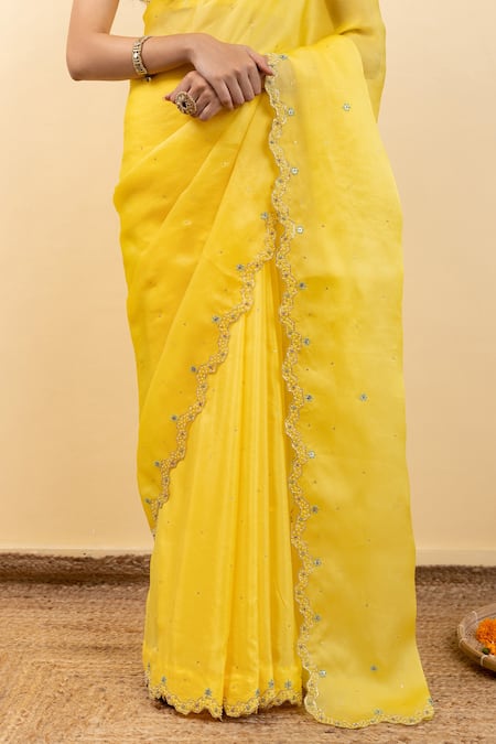 Pita Nila_Yellow Satin, , Organza Beads, Soha Saree With Chokor Print Blouse _Online_at_Aza_Fashions
