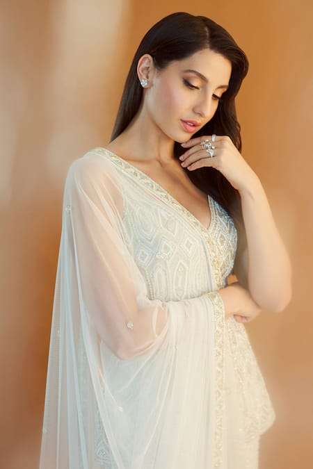 Buy_Ritika Mirchandani_Ivory Net Embroidered Bead Plunge V Geometric Short Kurta Sharara Set  _Online_at_Aza_Fashions