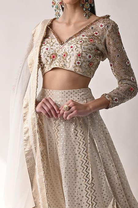 Shop_Neha Khullar_White Chanderi Silk And Organza Lining Cotton Shantoon Cutdana, Lehenga Set _Online_at_Aza_Fashions