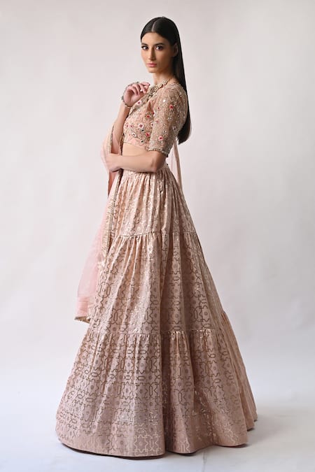 Neha Khullar_Peach Chanderi Silk And Organza Lining Cotton Shantoon Cutdana, Lehenga Set _Online_at_Aza_Fashions