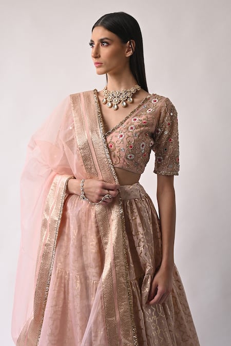 Buy_Neha Khullar_Peach Chanderi Silk And Organza Lining Cotton Shantoon Cutdana, Lehenga Set _Online_at_Aza_Fashions