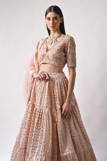 Shop_Neha Khullar_Peach Chanderi Silk And Organza Lining Cotton Shantoon Cutdana, Lehenga Set _Online_at_Aza_Fashions