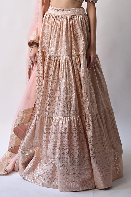 Neha Khullar_Peach Chanderi Silk And Organza Lining Cotton Shantoon Cutdana, Lehenga Set _at_Aza_Fashions