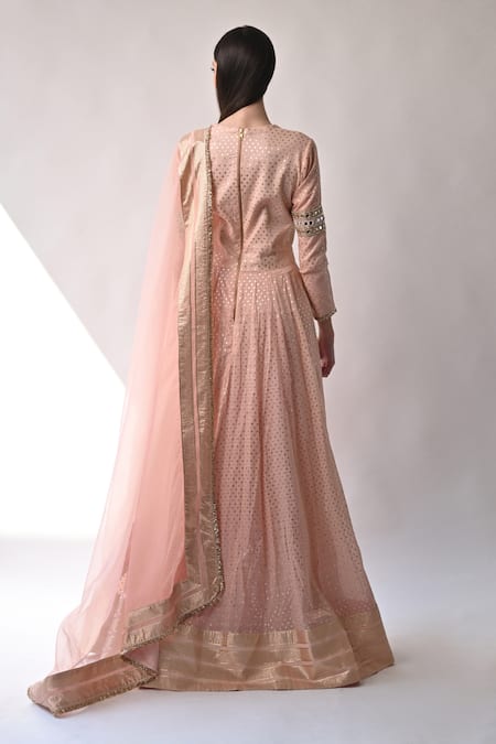 Shop_Neha Khullar_Peach Chanderi Silk And Organza Lining Cotton Shantoon Cutdana, Anarkali Set _at_Aza_Fashions