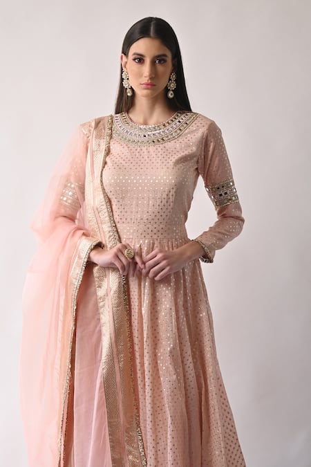 Buy_Neha Khullar_Peach Chanderi Silk And Organza Lining Cotton Shantoon Cutdana, Anarkali Set _Online_at_Aza_Fashions