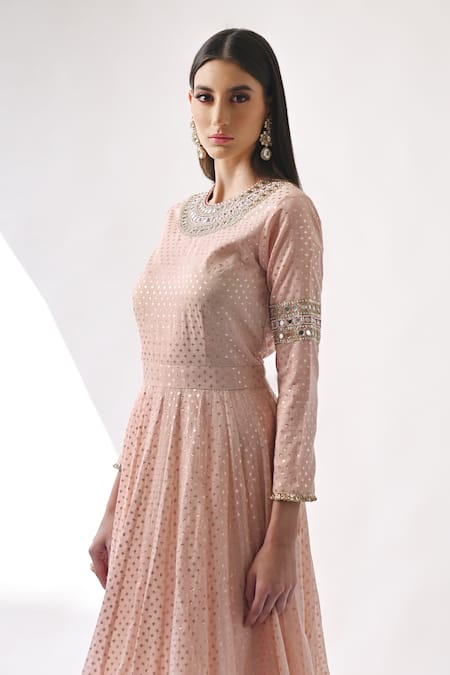 Shop_Neha Khullar_Peach Chanderi Silk And Organza Lining Cotton Shantoon Cutdana, Anarkali Set _Online_at_Aza_Fashions
