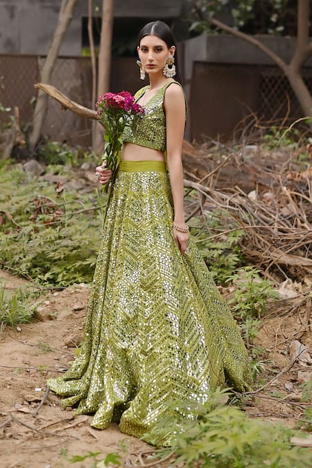 Neha Khullar Green Silk Embroidered Sequin Lehenga Blouse Set 