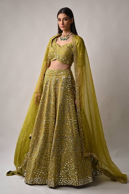 Neha Khullar_Yellow Silk Lining Cotton Shantoon Sequin, Zari And Mirror Lehenga Set _Online_at_Aza_Fashions