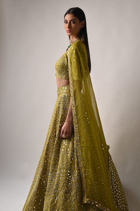 Buy_Neha Khullar_Yellow Silk Lining Cotton Shantoon Sequin, Zari And Mirror Lehenga Set _Online_at_Aza_Fashions