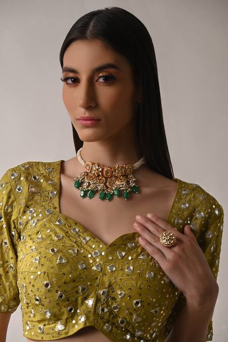 Shop_Neha Khullar_Yellow Silk Lining Cotton Shantoon Sequin, Zari And Mirror Lehenga Set _Online_at_Aza_Fashions