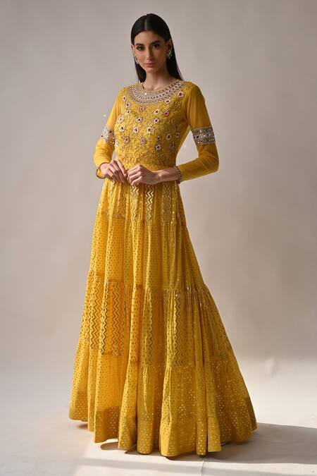 Neha Khullar_Yellow Chanderi Silk And Organza Lining Cotton Shantoon Anarkali With Dupatta _Online_at_Aza_Fashions