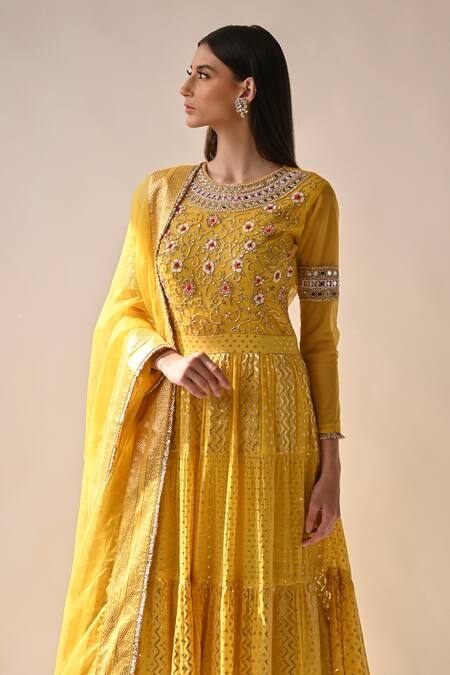 Neha Khullar_Yellow Chanderi Silk And Organza Lining Cotton Shantoon Anarkali With Dupatta _at_Aza_Fashions