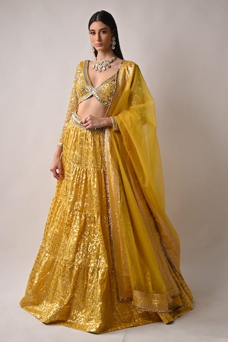 Buy_Neha Khullar_Yellow Chanderi Silk And Organza Lining Cotton Shantoon Cutdana, Lehenga Set _Online_at_Aza_Fashions