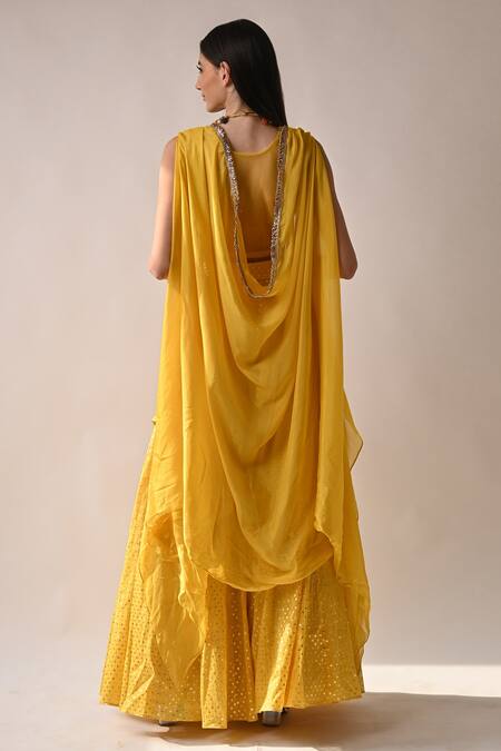 Shop_Neha Khullar_Yellow Chanderi Silk And Organza Lining Cotton Shantoon Cape & Sharara Set _at_Aza_Fashions
