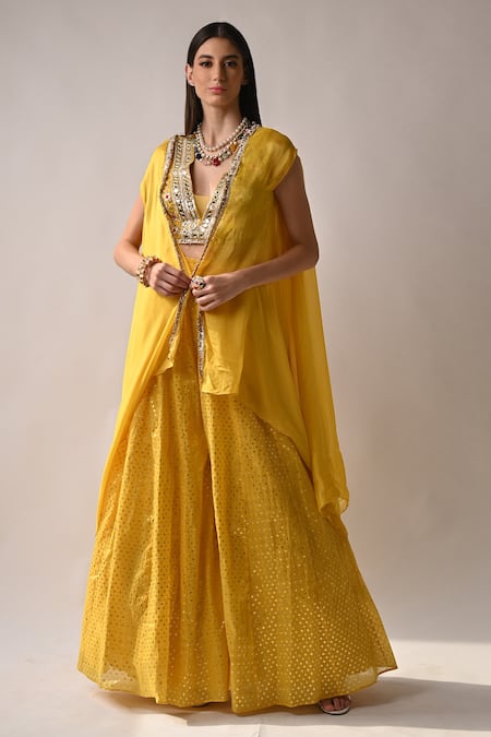 Neha Khullar_Yellow Chanderi Silk And Organza Lining Cotton Shantoon Cape & Sharara Set _Online_at_Aza_Fashions