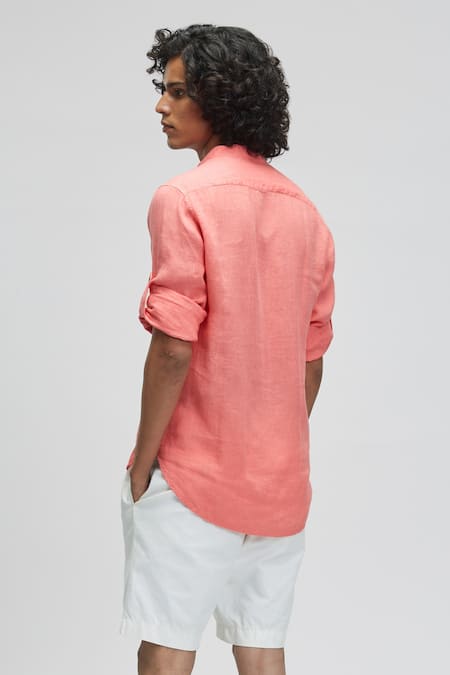 Shop Terra Luna Coral 100% Linen Mandarin Collar T-shirt at Aza Fashions Shop_Terra Luna_Coral 100% Linen Mandarin Collar T-shirt_at_Aza_Fashions