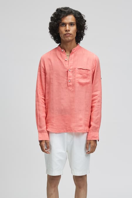 Terra Luna Coral 100% Linen Mandarin Collar T-shirt Online at Aza Fashions Terra Luna_Coral 100% Linen Mandarin Collar T-shirt_Online_at_Aza_Fashions