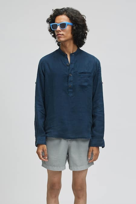 Terra Luna_Blue 100% Linen Plain Mandarin Collar T-shirt _Online_at_Aza_Fashions