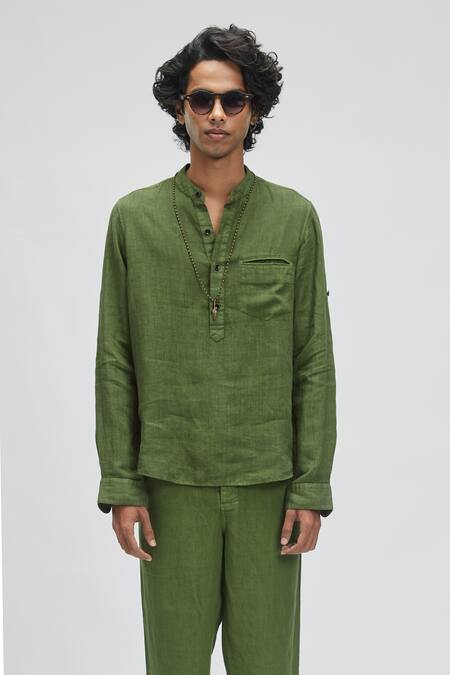 Terra Luna_Green 100% Linen Plain Mandarin Collar T-shirt _Online_at_Aza_Fashions