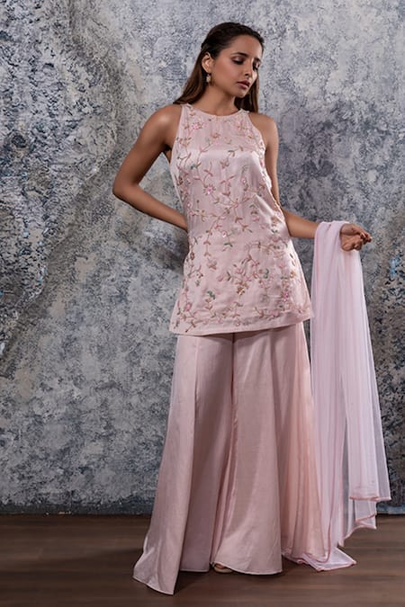 Nayantaara Pink Bemberg Satin Round Embroidered Kurta Palazzo Set 