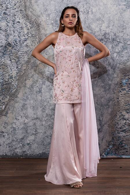 Shop Nayantaara Pink Bemberg Satin Round Embroidered Kurta Palazzo Set at Aza Fashions Shop_Nayantaara_Pink Bemberg Satin Round Embroidered Kurta Palazzo Set _at_Aza_Fashions