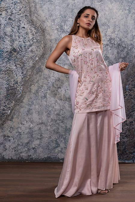 Nayantaara Pink Bemberg Satin Round Embroidered Kurta Palazzo Set Online at Aza Fashions Nayantaara_Pink Bemberg Satin Round Embroidered Kurta Palazzo Set _Online_at_Aza_Fashions