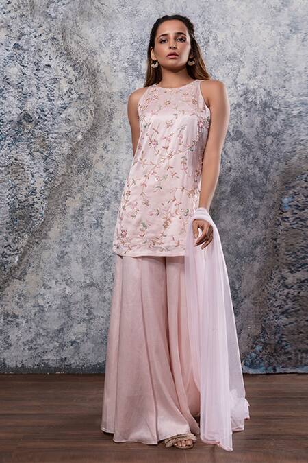 Buy Nayantaara Pink Bemberg Satin Round Embroidered Kurta Palazzo Set Online at Aza Fashions Buy_Nayantaara_Pink Bemberg Satin Round Embroidered Kurta Palazzo Set _Online_at_Aza_Fashions