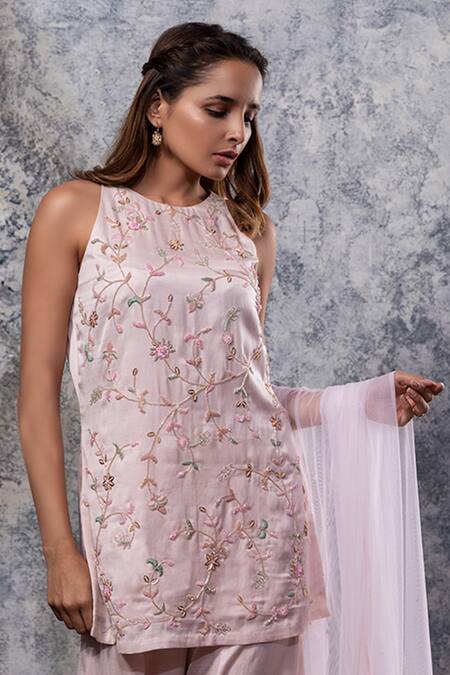 Shop Nayantaara Pink Bemberg Satin Round Embroidered Kurta Palazzo Set Online at Aza Fashions Shop_Nayantaara_Pink Bemberg Satin Round Embroidered Kurta Palazzo Set _Online_at_Aza_Fashions