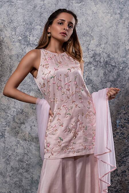 Nayantaara Pink Bemberg Satin Round Embroidered Kurta Palazzo Set at Aza Fashions Nayantaara_Pink Bemberg Satin Round Embroidered Kurta Palazzo Set _at_Aza_Fashions