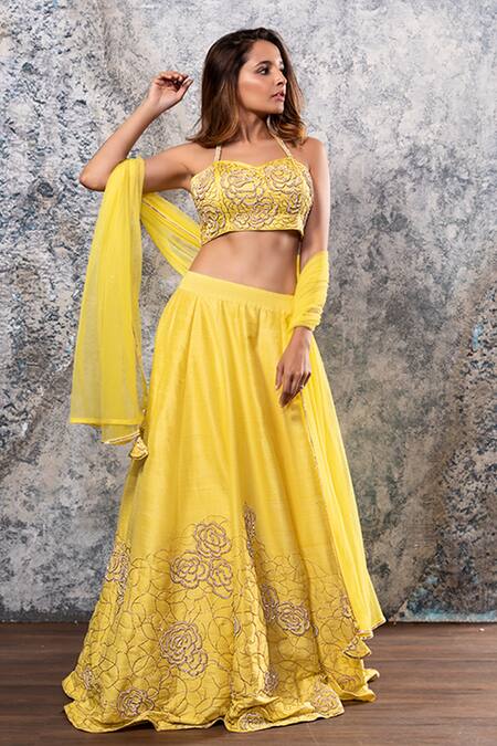 Nayantaara_Yellow Raw Silk, Net Sweetheart Neck Hand Embroidered Lehenga Set_Online_at_Aza_Fashions