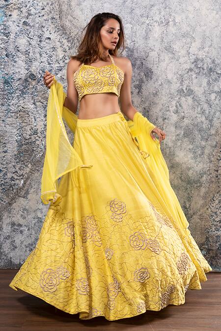 Buy_Nayantaara_Yellow Raw Silk, Net Sweetheart Neck Hand Embroidered Lehenga Set_Online_at_Aza_Fashions