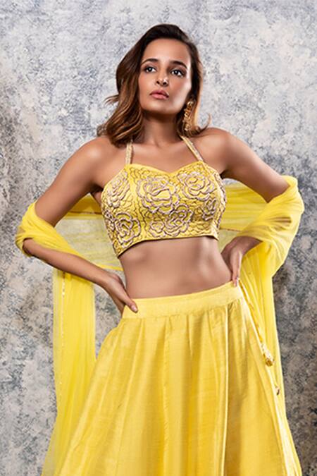 Shop_Nayantaara_Yellow Raw Silk, Net Sweetheart Neck Hand Embroidered Lehenga Set_Online_at_Aza_Fashions