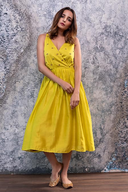 Nayantaara Yellow Chanderi Silk Surplice Embroidered Dress Online at Aza Fashions Nayantaara_Yellow Chanderi Silk Surplice Embroidered Dress _Online_at_Aza_Fashions