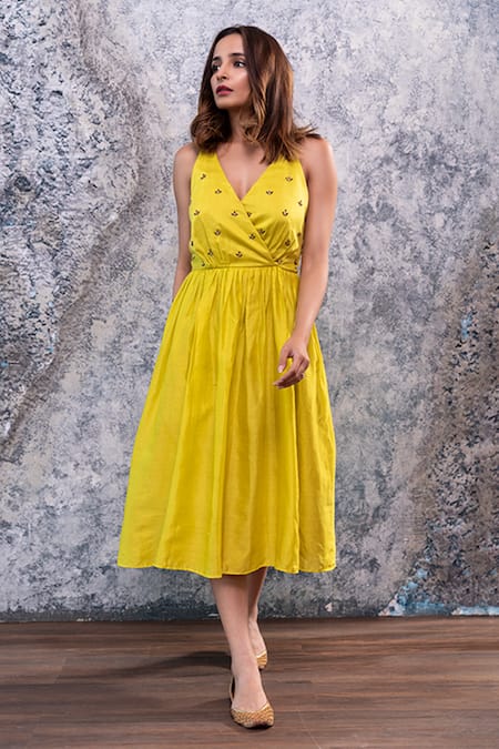 Buy Nayantaara Yellow Chanderi Silk Surplice Embroidered Dress Online at Aza Fashions Buy_Nayantaara_Yellow Chanderi Silk Surplice Embroidered Dress _Online_at_Aza_Fashions