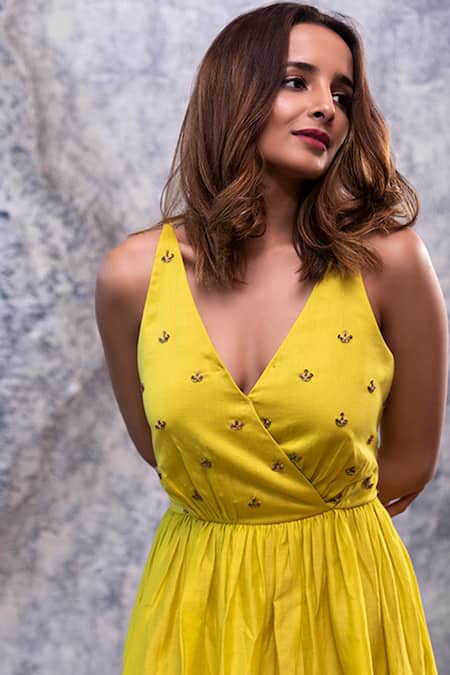 Shop Nayantaara Yellow Chanderi Silk Surplice Embroidered Dress Online at Aza Fashions Shop_Nayantaara_Yellow Chanderi Silk Surplice Embroidered Dress _Online_at_Aza_Fashions