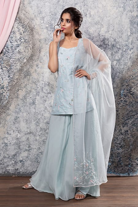 Shop Nayantaara Blue Raw Silk Scoop Neck Embroidered Kurta Gharara Set at Aza Fashions Shop_Nayantaara_Blue Raw Silk Scoop Neck Embroidered Kurta Gharara Set _at_Aza_Fashions