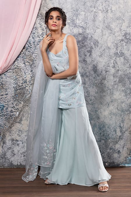 Nayantaara Blue Raw Silk Scoop Neck Embroidered Kurta Gharara Set Online at Aza Fashions Nayantaara_Blue Raw Silk Scoop Neck Embroidered Kurta Gharara Set _Online_at_Aza_Fashions