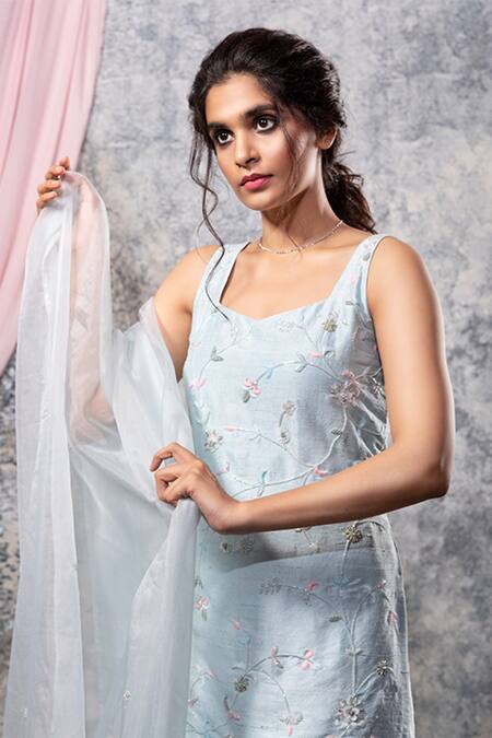 Shop Nayantaara Blue Raw Silk Scoop Neck Embroidered Kurta Gharara Set Online at Aza Fashions Shop_Nayantaara_Blue Raw Silk Scoop Neck Embroidered Kurta Gharara Set _Online_at_Aza_Fashions