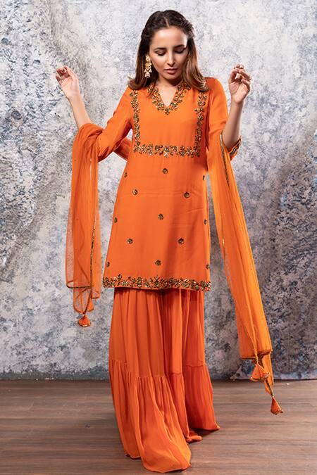 Buy Nayantaara Orange Net, Georgette Notched Round Neck Embroidered Kurta Sharara Set Online at Aza Fashions Buy_Nayantaara_Orange Net, Georgette Notched Round Neck Embroidered Kurta Sharara Set _Online_at_Aza_Fashions