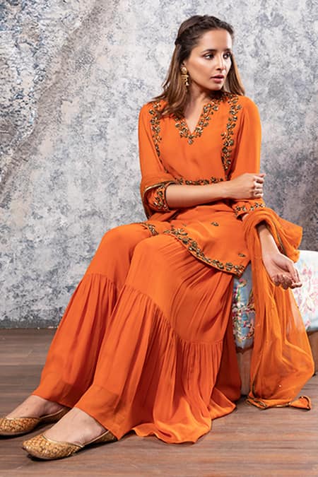 Nayantaara Orange Net, Georgette Notched Round Neck Embroidered Kurta Sharara Set Online at Aza Fashions Nayantaara_Orange Net, Georgette Notched Round Neck Embroidered Kurta Sharara Set _Online_at_Aza_Fashions