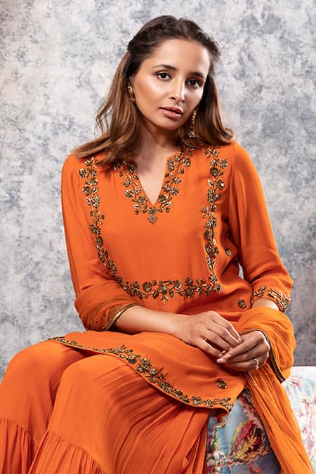 Shop Nayantaara Orange Net, Georgette Notched Round Neck Embroidered Kurta Sharara Set Online at Aza Fashions Shop_Nayantaara_Orange Net, Georgette Notched Round Neck Embroidered Kurta Sharara Set _Online_at_Aza_Fashions