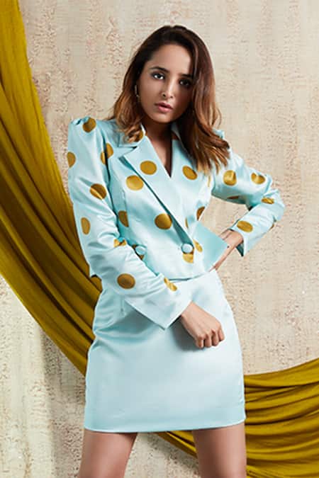 Shop Nayantaara Blue Satin Lapel Printed Blazer With Skirt Online at Aza Fashions Shop_Nayantaara_Blue Satin Lapel Printed Blazer With Skirt _Online_at_Aza_Fashions