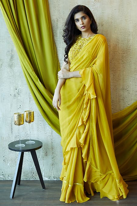 Buy Yellow Paper Silk Round Saree With Embroidered Blouse For Women by  Nayantaara Online at Aza Fashions.