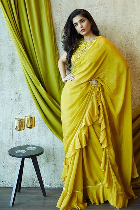 Yellow Sarees: Buy Latest Yellow Color Saree Designs for Haldi at Indya