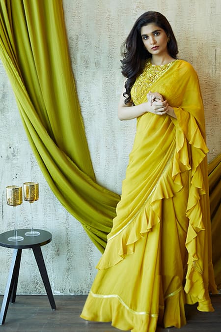 Nayantaara Yellow Paper Silk Round Saree With Embroidered Blouse Online at Aza Fashions Nayantaara_Yellow Paper Silk Round Saree With Embroidered Blouse _Online_at_Aza_Fashions
