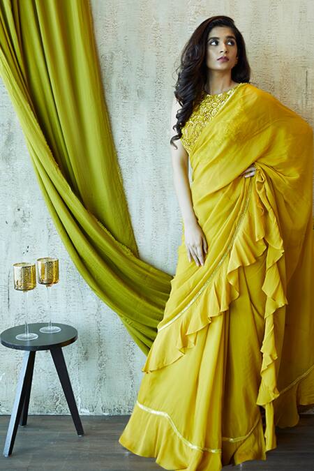 Buy Nayantaara Yellow Paper Silk Round Saree With Embroidered Blouse Online at Aza Fashions Buy_Nayantaara_Yellow Paper Silk Round Saree With Embroidered Blouse _Online_at_Aza_Fashions