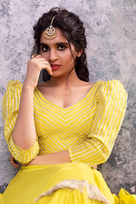 Nayantaara_Yellow Chanderi Silk V Neck Lehenga Set_Online_at_Aza_Fashions
