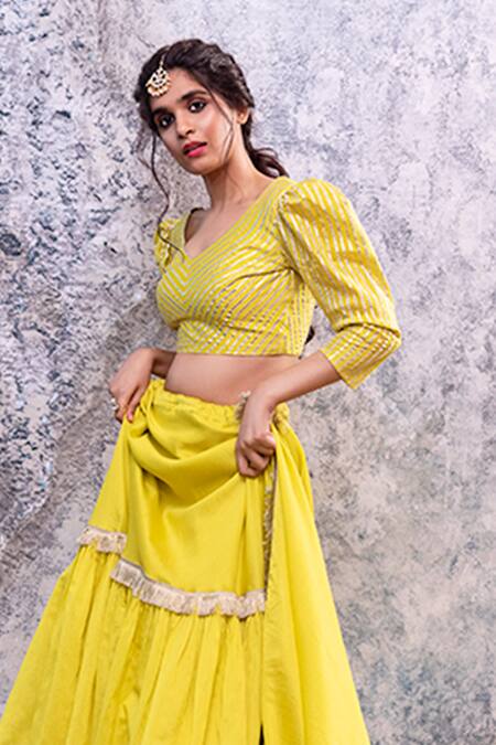 Shop_Nayantaara_Yellow Chanderi Silk V Neck Lehenga Set_Online_at_Aza_Fashions