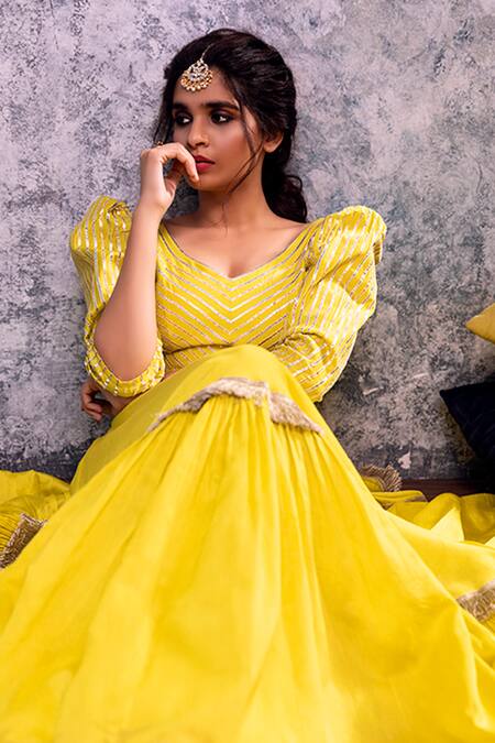 Nayantaara_Yellow Chanderi Silk V Neck Lehenga Set_at_Aza_Fashions
